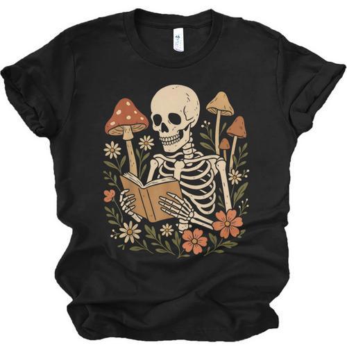 Cottagecore Aesthetic Floral Mushroom Skeleton Reading Books Unisex Jersey T-Shirt - Bookorys UK