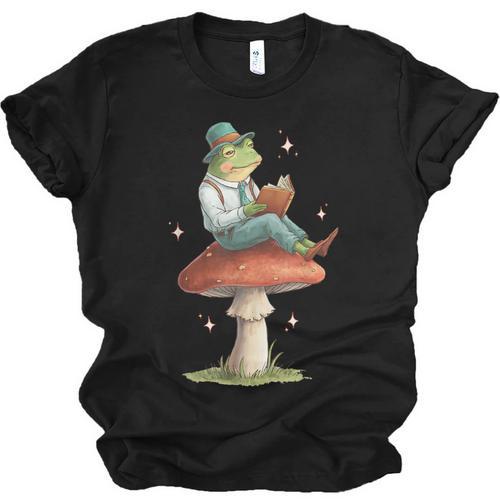 Cottagecore Aesthetic Frog Reading Book On Mushroom Vintage Unisex Jersey T-Shirt - Bookorys