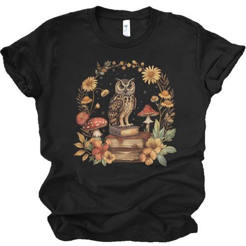 Cottagecore Aesthetic Owl Books Mushroom Witchy Floral Unisex Jersey T-Shirt - Bookorys CA