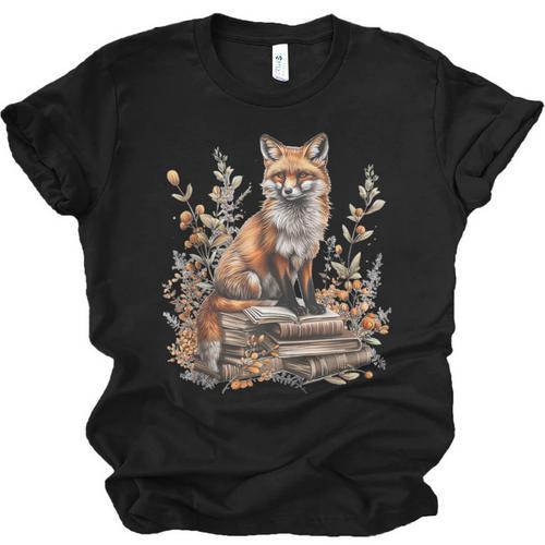 Cottagecore Minimalist Floral Fox With Book Cute Goblincore Unisex Jersey T-Shirt - Bookorys