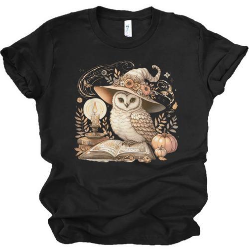 Cottagecore Owl Witch On Book Pumpkin Halloween Unisex Jersey T-Shirt - Bookorys CA