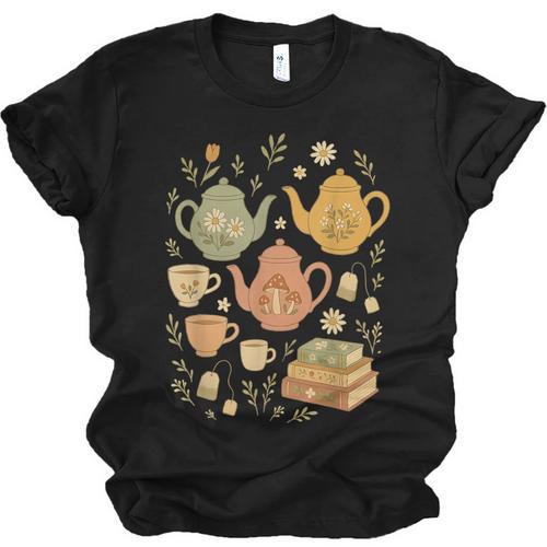 Cottagecore Whimsical Elements Teapots Books Unisex Jersey T-Shirt - Bookorys CA
