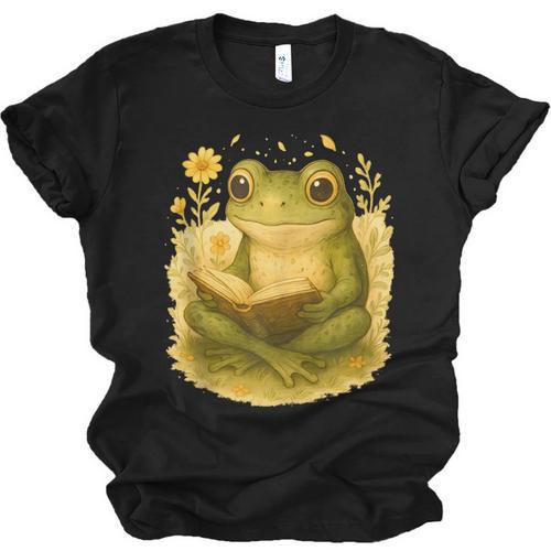 Cottagecore Whimsical Green Frog Peacefully Reading Book Unisex Jersey T-Shirt - Bookorys