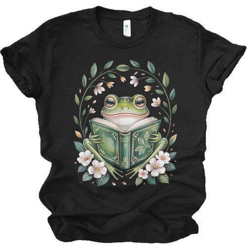 Cottagecore Whimsical Green Frog Read A Book Nature Flowers Unisex Jersey T-Shirt - Bookorys