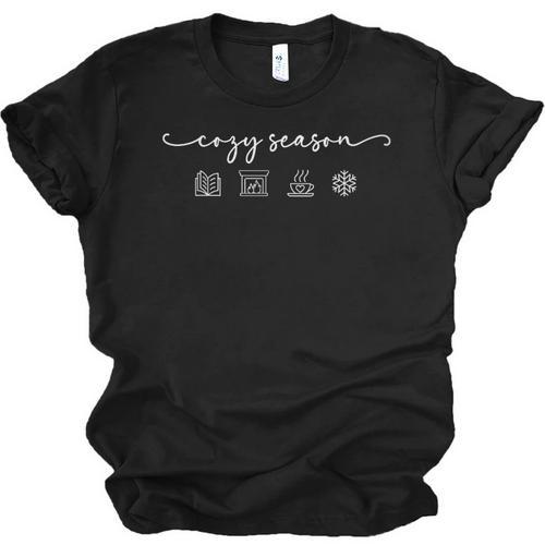 Cozy Season Good Book Fireplace Hot Beverage Snowflake Unisex Jersey T-Shirt - Bookorys AU