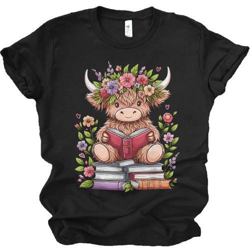 Cute Baby Highland Cow With Reading Book Bookworm Unisex Jersey T-Shirt - Bookorys