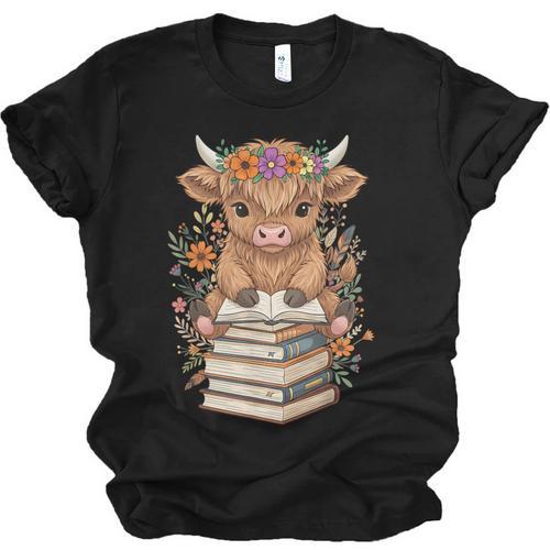 Cute Baby Highland Cow Reading Book Librarian Bookworm Unisex Jersey T-Shirt - Bookorys