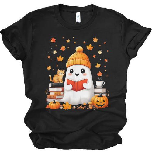 Cute Beanie Ghost Bookworm Cozy Book Reading Halloween Unisex Jersey T-Shirt - Bookorys CA