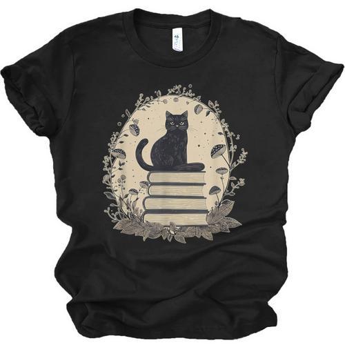 Cute Cat Sitting On Books With Mushrooms Cottage Core Unisex Jersey T-Shirt - Bookorys