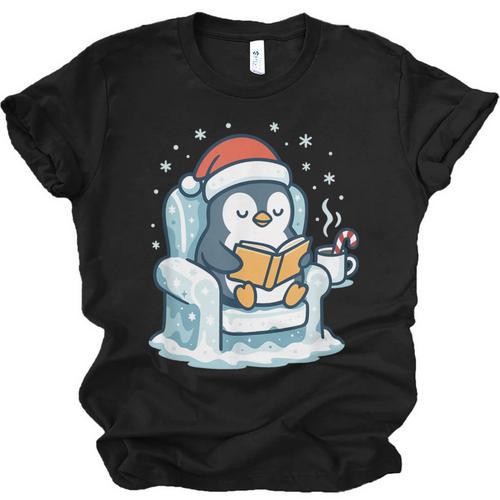 Cute Christmas Penguin Reading Book Cozy Winter Holiday Art Unisex Jersey T-Shirt - Bookorys AU