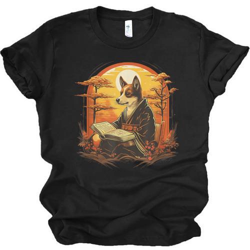Cute Corgi Dog In Japanese Kimono With Book Men Women Girls Kids Unisex Jersey T-Shirt - Bookorys UK