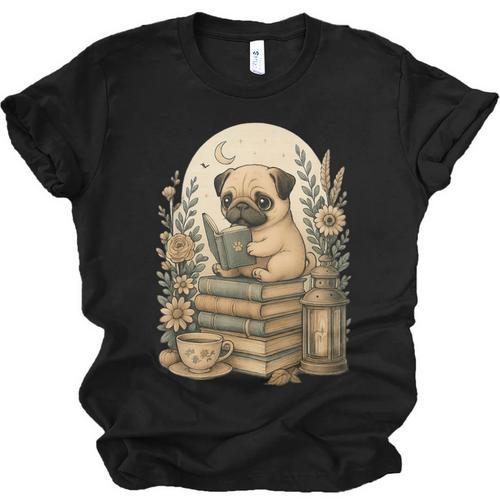 Cute Cottagecore Aesthetic Dog Pug Reading Book Nerd Unisex Jersey T-Shirt - Bookorys
