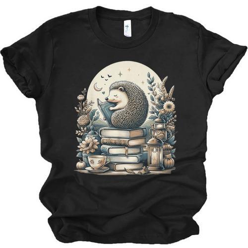 Cute Cottagecore Aesthetic Hedgehog Reading Book Nerd Unisex Jersey T-Shirt - Bookorys