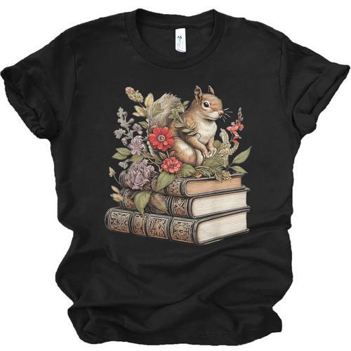 Cute Cottagecore Aesthetic Squirrel With Flowers Books Unisex Jersey T-Shirt - Bookorys UK