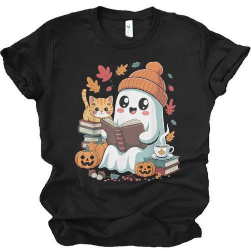 Cute Cozy Ghost Reading With Cat Book Lover Autumn Fall Unisex Jersey T-Shirt - Bookorys