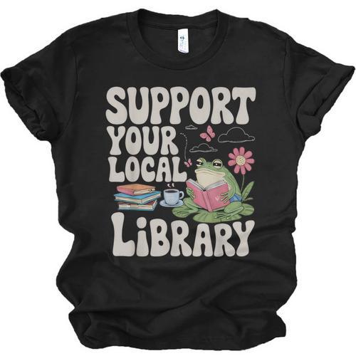 Cute Frog Support Your Local Library Librarian Book Lover Unisex Jersey T-Shirt - Bookorys DE