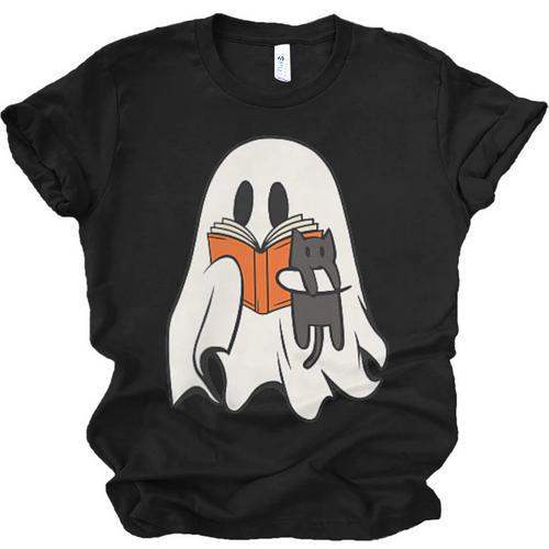 Cute Ghost Cat Reading Book Spooky Season Halloween Costume Unisex Jersey T-Shirt - Bookorys