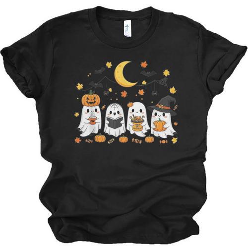Cute Ghost Drinking Coffee Halloween Fall Ghost Book Reading Unisex Jersey T-Shirt - Bookorys