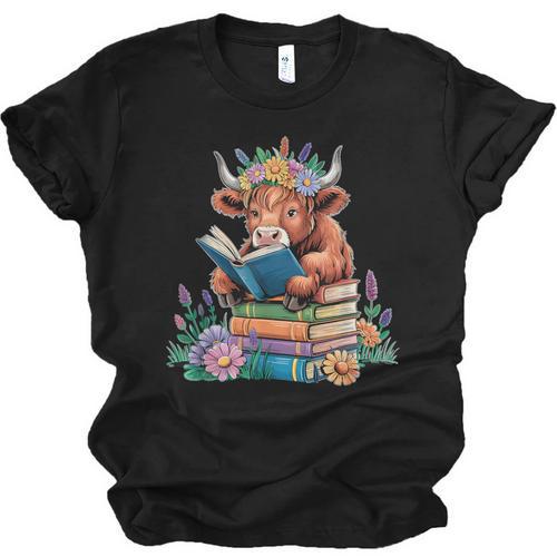 Cute Highland Cow Reading Book Baby Cow Bookworm Unisex Jersey T-Shirt - Bookorys