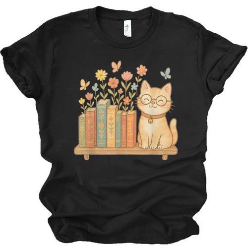 Cute Kawaii Cat Books Flowers Unisex Jersey T-Shirt - Bookorys