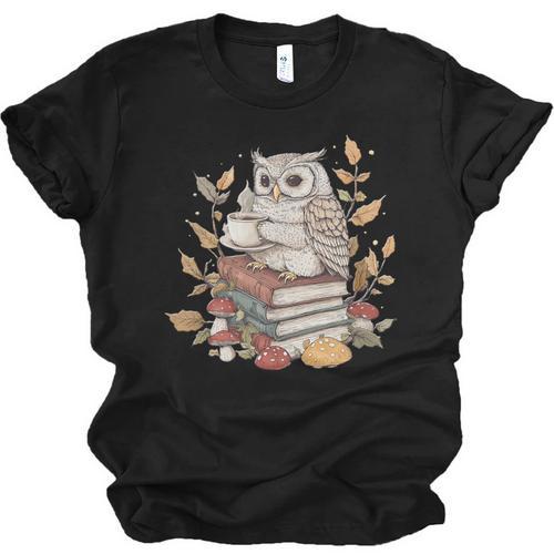 Cute Owl Sitting On Books With Coffee Cottage Core Unisex Jersey T-Shirt - Bookorys CA