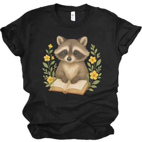 Cute Raccoon Reading Book Flowers Floral Unisex Jersey T-Shirt - Bookorys CA