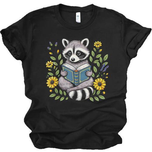 Cute Raccoon Reading Book Flowers Unisex Jersey T-Shirt - Bookorys UK