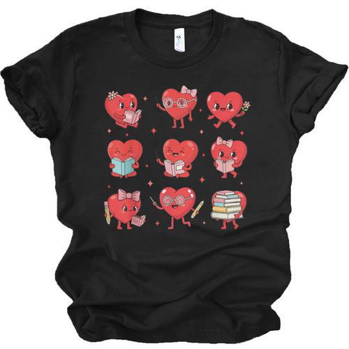 Cute Reading Hearts Valentine Day Book Lover Teacher Student Unisex Jersey T-Shirt - Bookorys CA