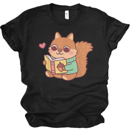 Cute Squirrel Reading A Book Lovers Anime Kawaii Women Kids Unisex Jersey T-Shirt - Bookorys