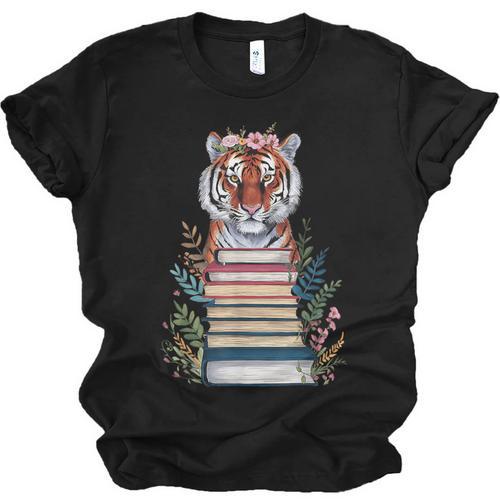 Cute Tiger With Book Floral Bookworm Librarian Book Lover Unisex Jersey T-Shirt - Bookorys