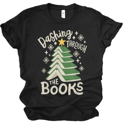 Dashing Through The Books Christmas Book Lovers Men Women Unisex Jersey T-Shirt - Bookorys DE