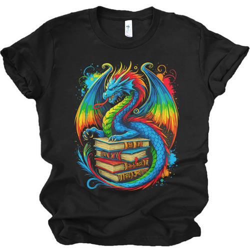 Dragon Reading Colorful Fantasy Book Lover Unisex Jersey T-Shirt - Bookorys AU