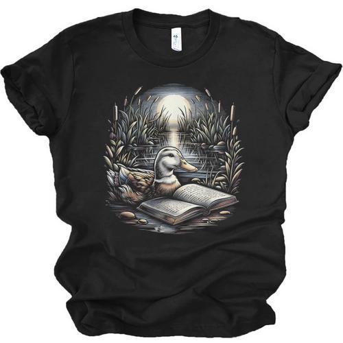 Duck Reading Book Full Moon Lake Scenery Unisex Jersey T-Shirt - Bookorys