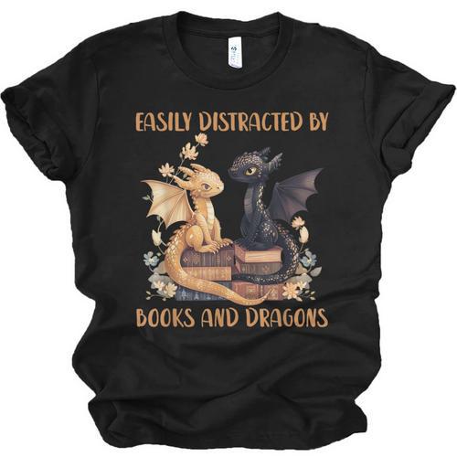 Easily Distracted By Books & Dragons Librarian Book Lover Unisex Jersey T-Shirt - Bookorys UK
