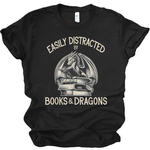 Easily Distracted By Books And Dragons Book Dragon Lover Unisex Jersey T-Shirt - Bookorys
