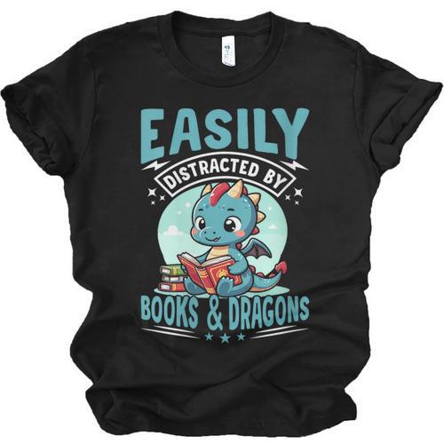 Easily Distracted By Books And Dragons Nerds Unisex Jersey T-Shirt - Bookorys