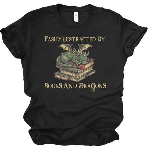 Easily Distracted By Books And Dragons Graphic Unisex Jersey T-Shirt - Bookorys