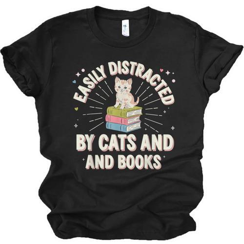 Easily Distracted By Cats & Books Tee Reader Book Worm Unisex Jersey T-Shirt - Bookorys CA