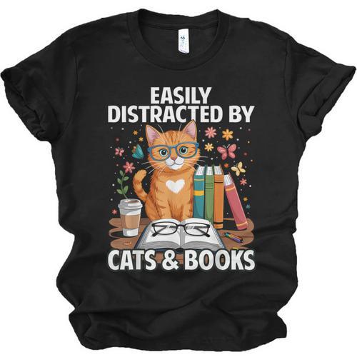 Easily Distracted By Cats And Books Book Lover Cat Unisex Jersey T-Shirt - Bookorys