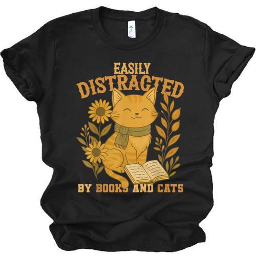 Easily Distracted By Cats And Books Cute Cat Book Lover Unisex Jersey T-Shirt - Bookorys