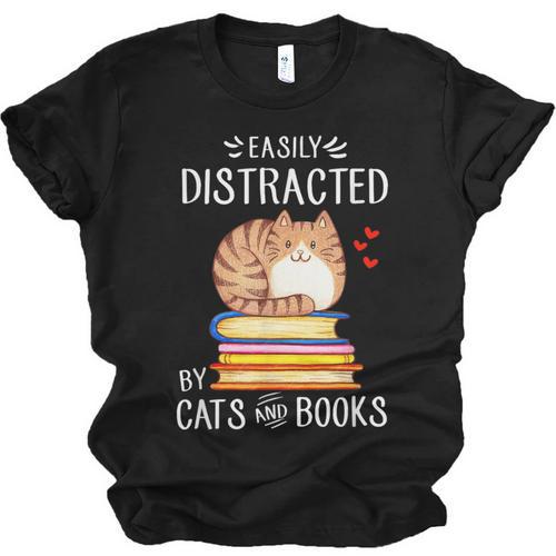 Easily Distracted By Cats And Books Reading Lover Bookish Unisex Jersey T-Shirt - Bookorys AU