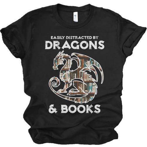 Easily Distracted By Dragons Books Bookworm Women Men Kids Unisex Jersey T-Shirt - Bookorys DE