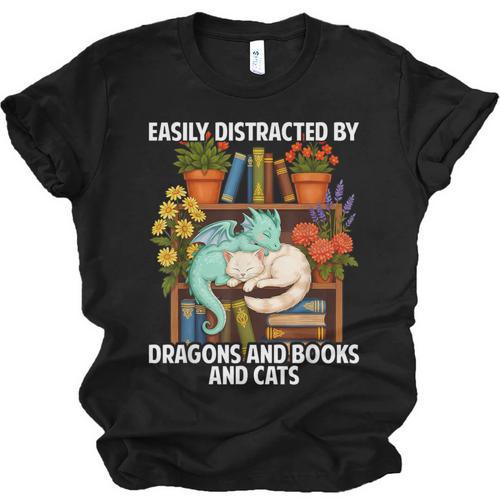 Easily Distracted By Dragons Books Cats Fantasy Book Lover Unisex Jersey T-Shirt - Bookorys AU