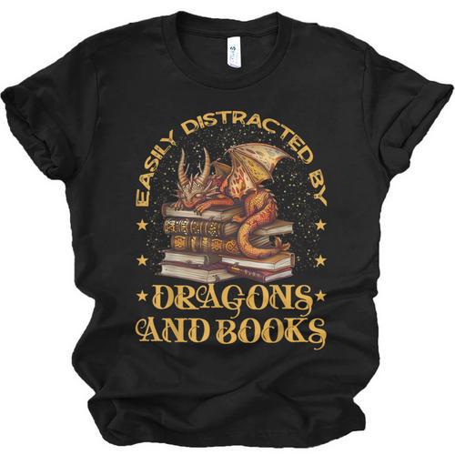 Easily Distracted By Dragons And Books Fantasy Book Lover Unisex Jersey T-Shirt - Bookorys DE