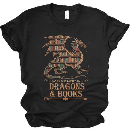 Easily Distracted By Dragons And Books Library Dragon Lover Unisex Jersey T-Shirt - Bookorys