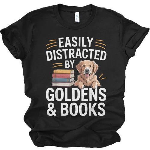 Easily Distracted By Goldens & Books Golden Retriever Dog Unisex Jersey T-Shirt - Bookorys AU