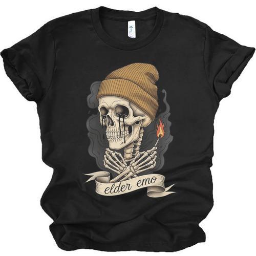 Elder Emo Skeleton Beanie Nostalgia Scene Aesthetic Unisex Jersey T-Shirt - Figerry