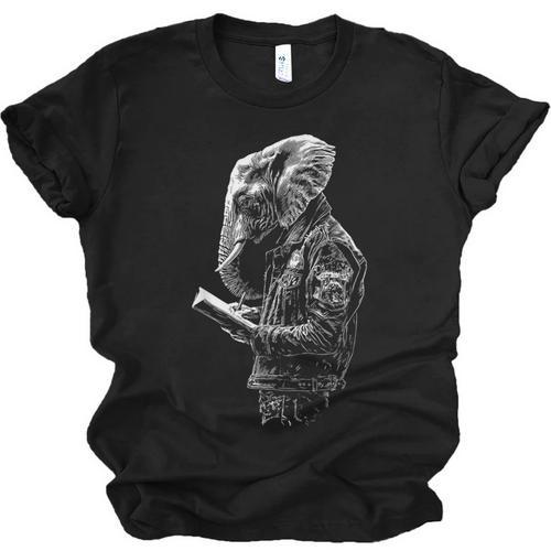 Elephant Holds Book Wriing Motif Animal Artwork Elephant Unisex Jersey T-Shirt - Bookorys CA