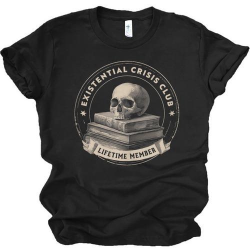 Existential Crisis Club Lifetime Member Skull And Books Unisex Jersey T-Shirt - Bookorys DE