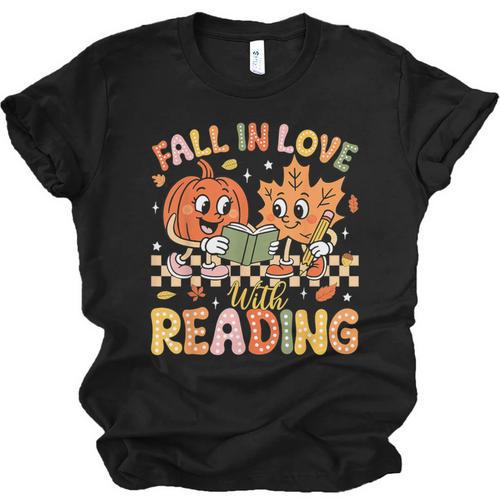 Fall In Love With Reading Autumn Pumpkin Teacher Book Lover Unisex Jersey T-Shirt - Bookorys